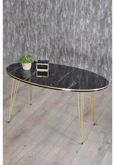 Zigon Sehpa Ve Orta Sehpa Elips Set Çift Gold Bendir Tel Ayak