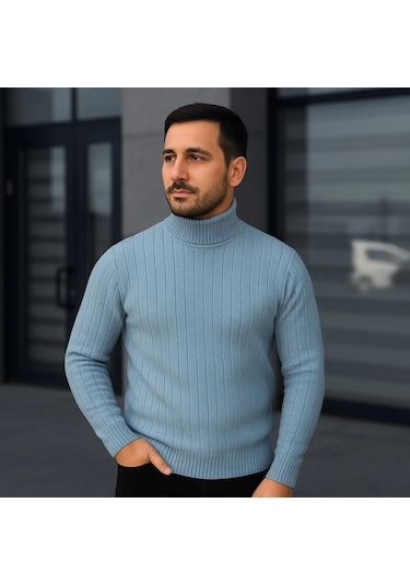 Erkek Balıkcı Yaka Bağazlı Triko Kazak Pamuklu Kalın Fitilli Dokuma, Regular Fit Uzun Kollu Kışlık Model - Bebe Mavisi Siyah