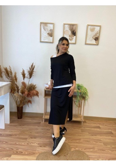 Kadın Uzun Kollu Tek Omuzu Açık Viskon Bluz Içi Atletli Ve Yandan Şeritli Üçlü Viskon Ikili Takım Siyah