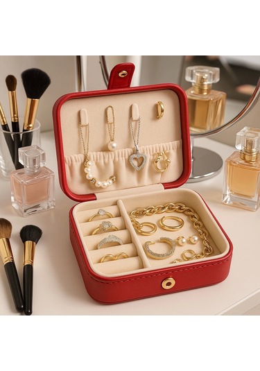 Deri Mini Baklava Desenli Seyahat Takı Bijuteri Mücevher Kutusu Organizer Düzenleyici 11,5cm Kırmızı