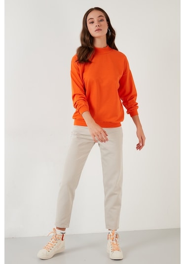 Lela Pamuklu Dik Yaka Basic Örme Bayan Sweat 5863323 Oranj