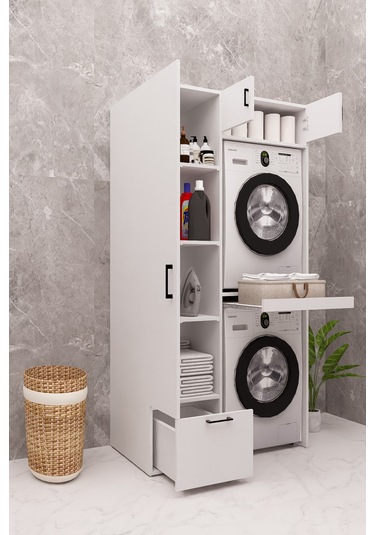 Mdf Çamaşır Makinesi Ve Kurutma Makinesi Dolabı Ütü Masalı Beyaz