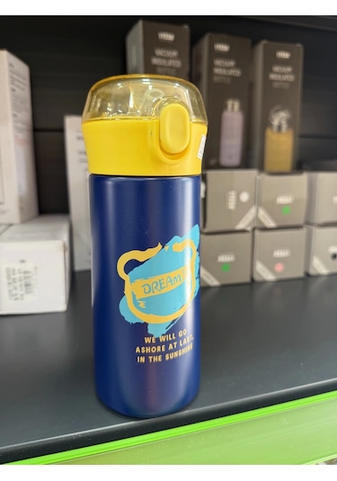 Paslanmaz Çelik Termos Su Şişesi 350ml Vakumlu Pipetli Mavi İthal Ürün Çok Renkli