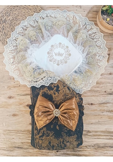 Yenidoğan Kendinden Desenli Krom Fiyonklu Bebek Battaniyesi Kundak Bakır Bakır