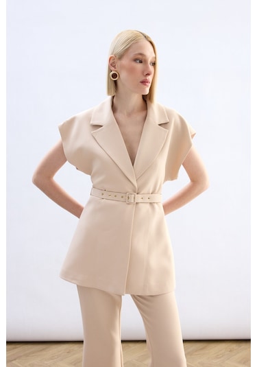 Sateen Kemerli Uzun Yelek - Bej-136851 Bej