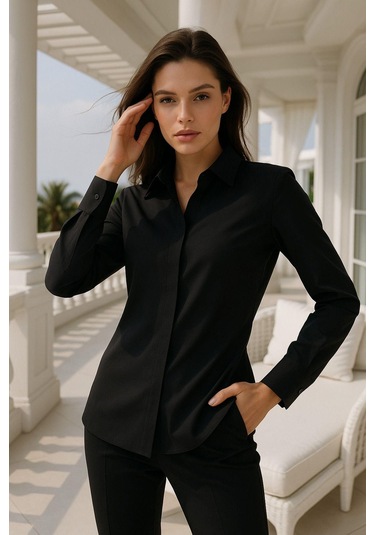Kadın Siyah Viskon Gizli Düğme Detaylı Slim Fit Trend Gömlek Çok Renkli