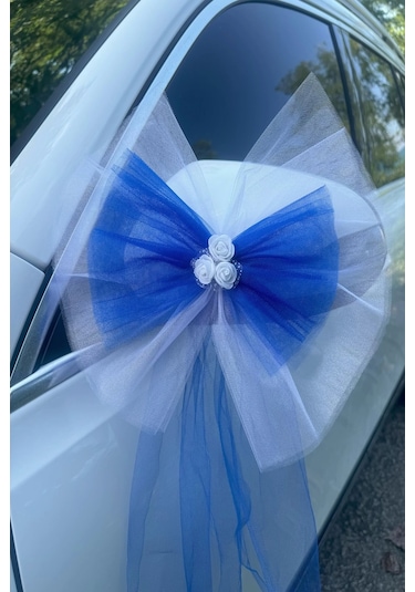 10 Adet Beyaz Mavi Kristal Tül Beyaz Latex Gül Kuyruk Detaylı Düğün Nikah Kına Sünnet Konvoy Süsü Beyaz Mavi