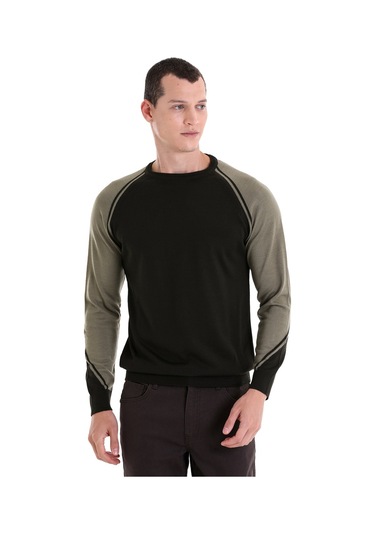 Hatemoğlu Haki Regular Fit Bisiklet Yaka Jakarlı Yünlü Triko Kazak Haki