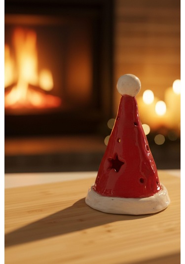 Noel Şapka Seramik Mumluk- Büyük Çok Renkli