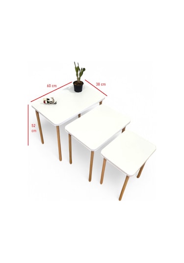 Doğal Ahşap Ayaklı 3'lü Zigon Sehpa Seti Beyaz