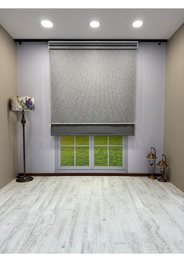 Çift Mekanizmalı Gri Çizgili Desenli Tül Ve Gri Stor Perde - İthal Mat Polyester Gri