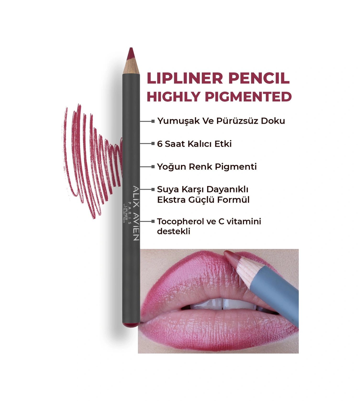 Alix Avien Uzun Süre Kalıcı Dağılma Yapmayan Nemlendirici Dudak Kalemi Lipliner Pencil 17 Ruby Red