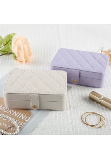 Deri Baklava Desenli Seyahat Takı Bijuteri Mücevher Kutusu Organizer Düzenleyici 16cm Lila İthal Ürü