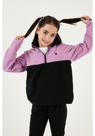 Lela Yumuşak Dokulu Yarım Fermuarlı Renk Bloklu Dik Yaka Unisex Çocuk Polar 5905004 Lila-Siyah