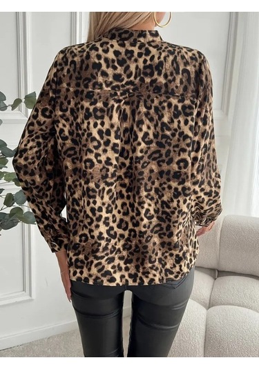 Buğrahayalin Kadın Uzun Kollu V Yakalı Modal Leopar Desenli Bluz Leopar