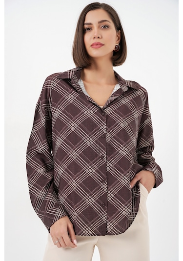 Bigdart Kadın Oversize Desenli Gömlek 20372 - Kahverengi