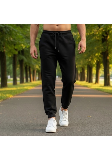 Noxly Jogger Eşofman Altı Lastik Paça Üç İplik Siyah