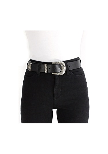 Livize Kadın Kemeri Tek Tokalı Gümüş Desenli 4cm Siyah