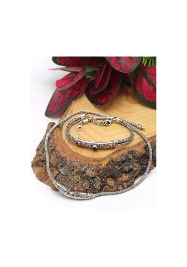 Yakut Taşlı 925 Ayar Saf Gümüş Hasır Zincir Unisex 2'li Set 201023670