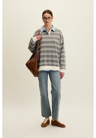 Polo Yaka Oversıze Sweatshırt Gri Gri