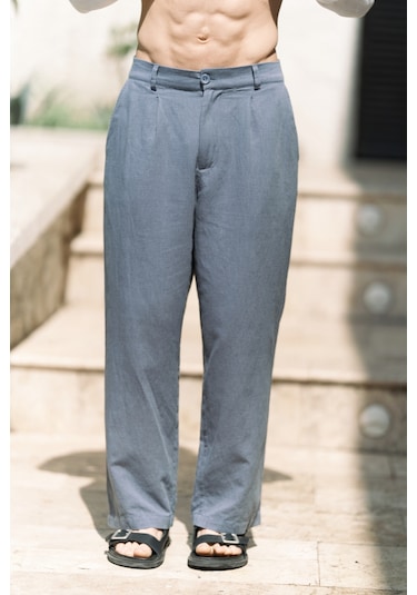 Fyfaha Bol Paça İndigo Erkek Keten Pantolon İndigo