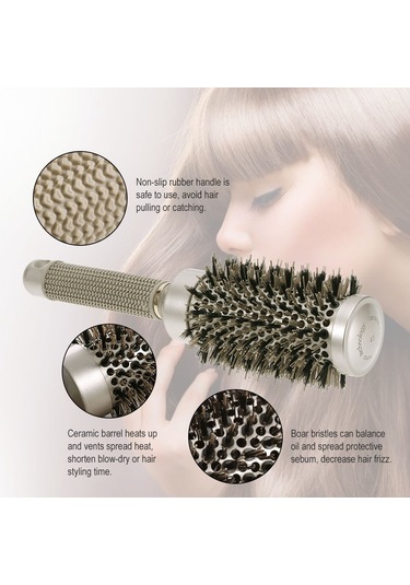 Singree 45mm Seramik Silindir Fön Saç Tarzı Aleti - Domuz Tüyü + Nilon Iğneler - Isı Dağıtıcı Alüminyum Boru - Kaymazsız Lastik Kolu