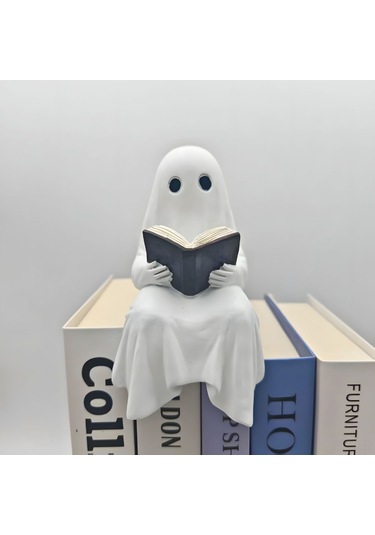 Reedark Küçük Fantastik Ghost Kitap Okuyan Figür - Resin Mdf Dekoratif Ev Aksesuarı - Halloween Dekorasyonu 15.5cm