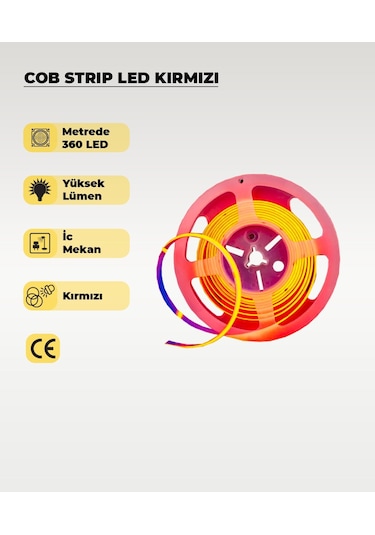 12v Cob Şerit Led Kırmızı Işık - Metrede 360 Led - 5 Metre 5 METRE