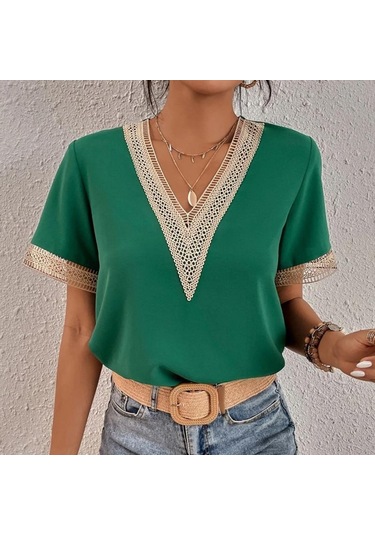 Kadın Modası Rahat Yaz Bahar Düz Renk Baskı Dantel Kısa Kollu V Yaka Bluzlar Ve Gömlekler Yeşil Kadın Modası Rahat Yaz Bahar Düz Renk Baskı Dantel Kısa Kollu V Yaka Bluzlar Ve Gömlekler Yeşil