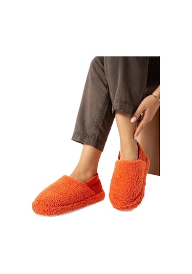 Kadın Lastikli Kaymaz Taban Peluş Havlu Kumaş Ev Ayakkabısı Panduf Turuncu-turuncu Turuncu