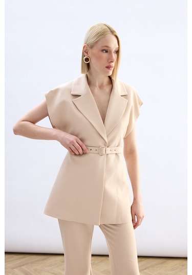 Sateen Kemerli Uzun Yelek - Bej-136851 Bej