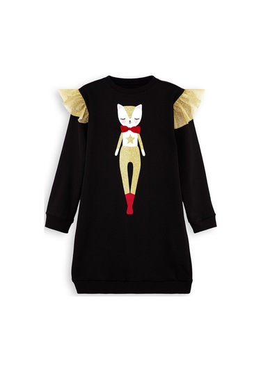 Denokids Simli Kedi Kız Çocuk Siyah Elbise Renkli