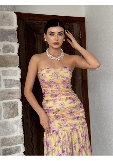Talia Straplez Elbise Çiçekli
