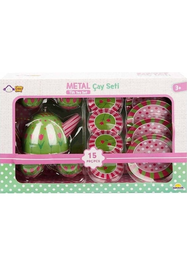 02169 Metal Oyuncak Çay Takımı 15 Parça - Yeşil-çiçek Desenli