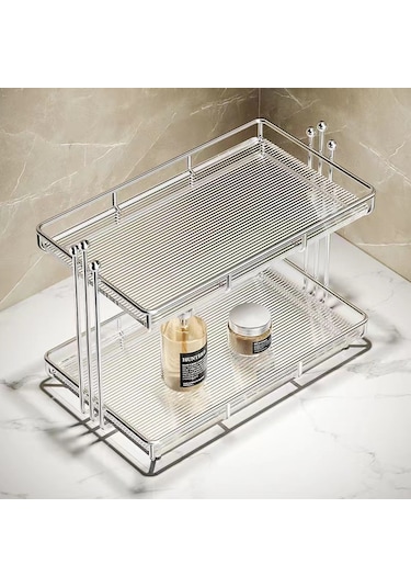 Hafif Lüks Banyo Banyo Rafı Masaüstü Lavabo Kozmetik Kutusu Tuvalet Tuvalet Tezgahı Depolama Rafı 3 Boncuk Çift Katmanlı Küçük Akrilik Raf Gümüş