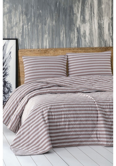 Enlora Home Water Yollu Saten Çok Amaçlı Örtü Çift Kişilik Kahve Kahverengi