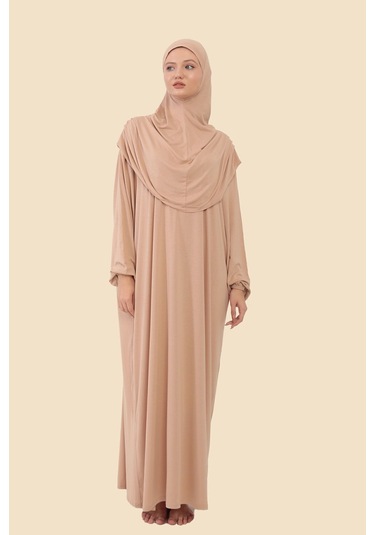 Tek Parça Tesettür Namaz Elbisesi Tak Çıkar Başörtülü Organik Pamuklu Lastikli Kolu Kaymaz Penye Bej