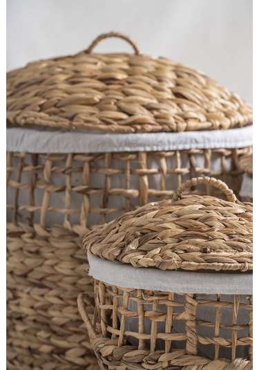 Soléa Hasır 3 Lü Kapaklı Sepet Seti Krem