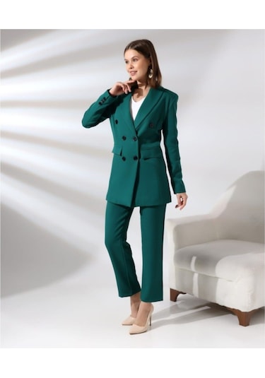 Kadın Kruvaze Blazer Ceket Pamuklu Atlak Kumaş Pantolon Takım Elbise Koyu Yeşil Koyu Yeşil