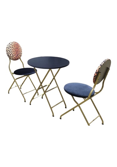 Katlanabilir Leopar Desenli Gold Metal Masa Ve Sandalye Takımı -