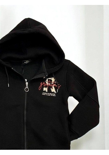 Erkek Çocuk 3 İplik Şardonlu Kapüşonlu Hırka-14842 Siyah