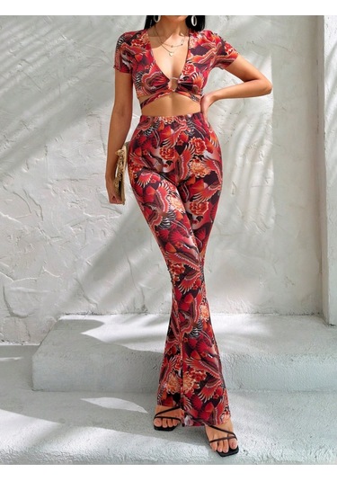 Modaserdem Kadın Kısa Kollu Desenli Takım Desenli