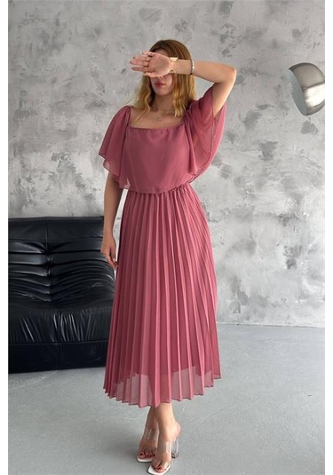 Kadın Astarlı Piliseli Şifon Elbise Dpk2099 Gülkurusu