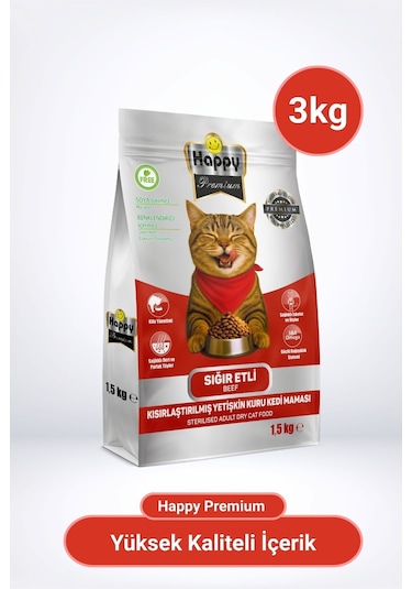 Happy Kısırlaştırılmış Sığır Etli Kuru Kedi Maması 3 KG