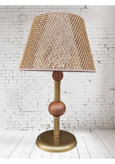 Çift Ahşaplı Abajur Eskitme Rattan Kahverengi Şapkalı Kahverengi