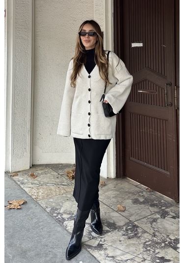 Kemik Çift Cepli Hırka - 04622 Krem