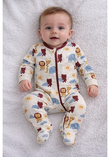 Baby Desenli Fermuarlı Tulum Krem