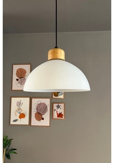 Perry Cam Tekli Avize Geniş Ahşap Beyaz Başlık Retro Sarkıt Lamba Restoran Salon Aydınlatma Beyaz