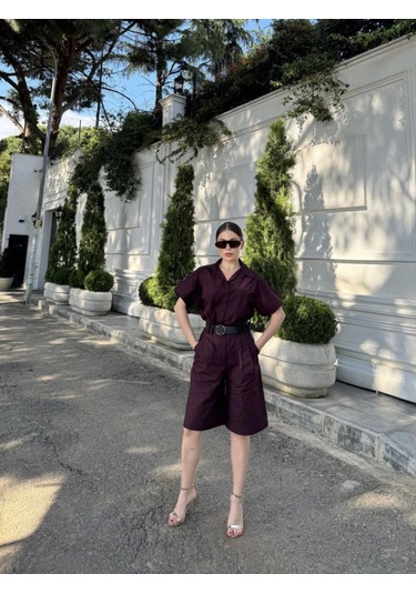 Yakalı Gömlek Kemerli Şortlu Takım - Bordo Bordo