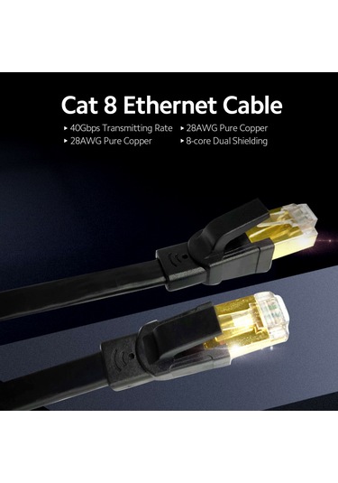 Wezone Cat8 Ethernet Kablosu 40gbps 2000mhz 8 Çekirdekli Çift Koruma 28awg Saf Bakır, Siyah 1m